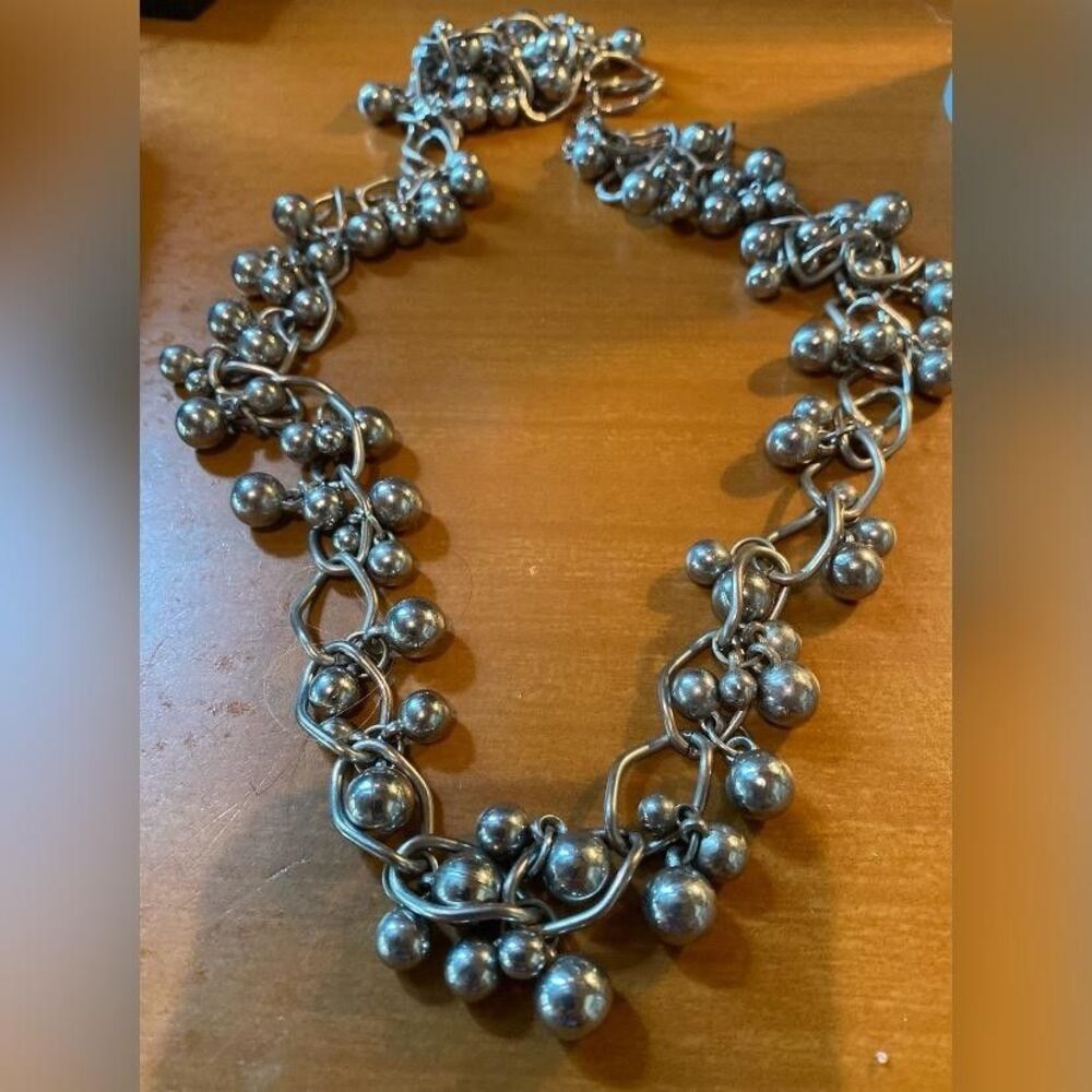 Silver Tone Beaded Strand Necklace Ball Cluster Statement Women Jewelry 40” Long